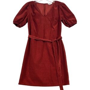 LOFT‎ Outlet Womens Rust Corduroy V-Neck Puff Sleeve Belted Mini Dress XS Retro
